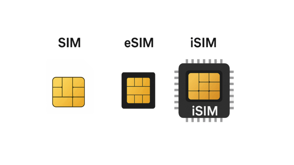 Visual comparison showing SIM card, eSIM chip, and iSIM embedded in a processor.