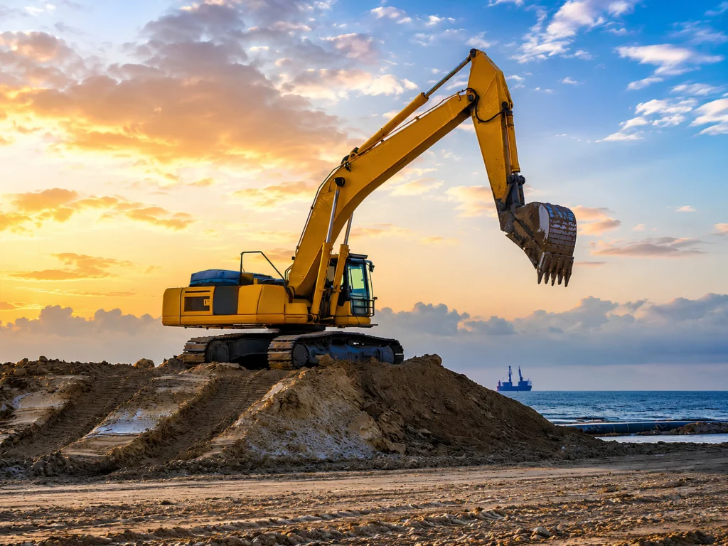 Large yellow excavator operating on a coastal construction site at sunset with earthworks in the foreground.