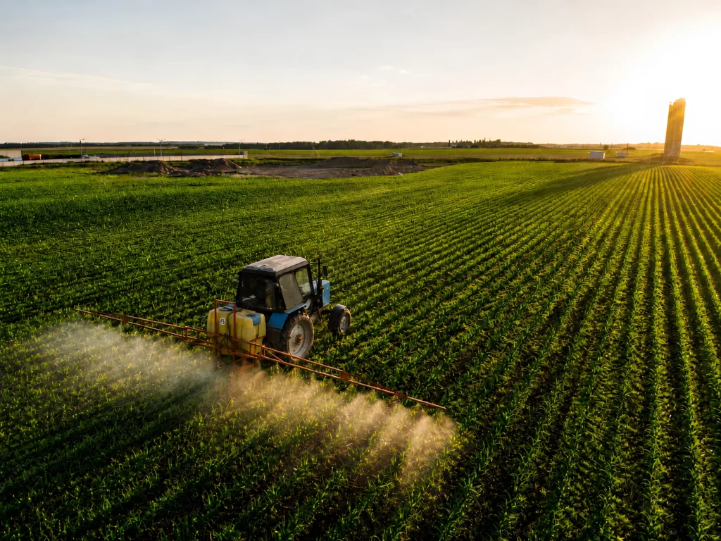 Tractor spraying crops across a large agricultural field at sunset using modern precision farming equipment.