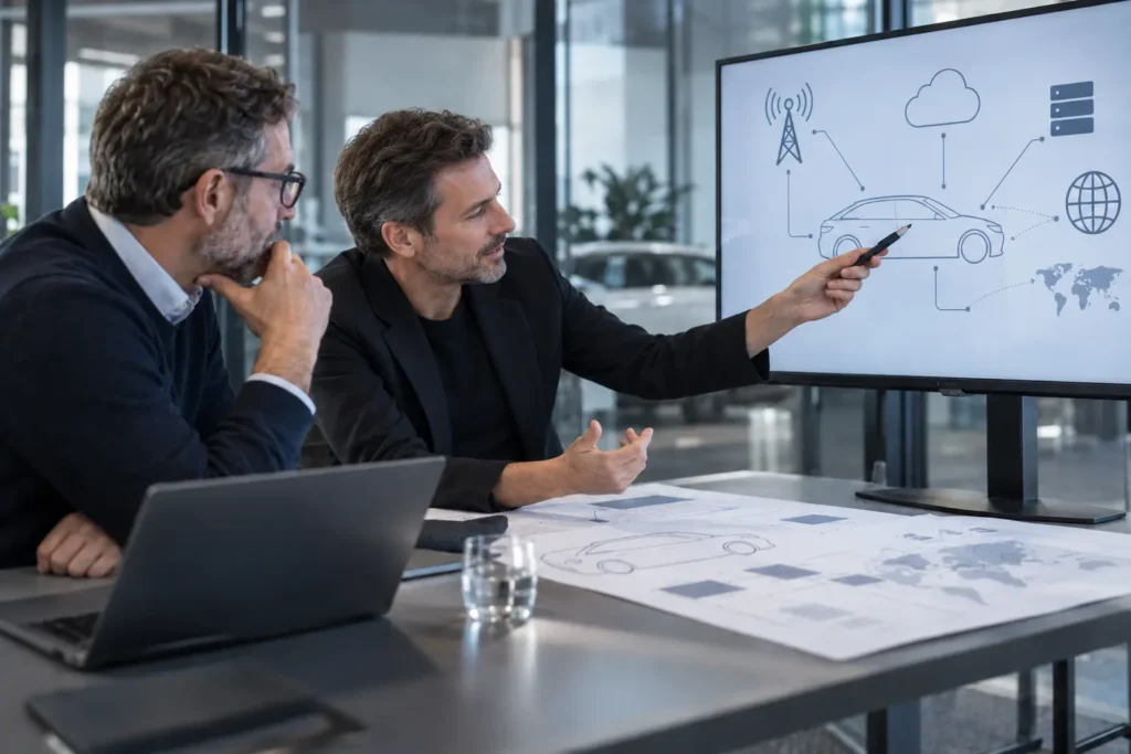 Two automotive connectivity consultants reviewing a vehicle, network, and cloud architecture diagram during a technical planning session.