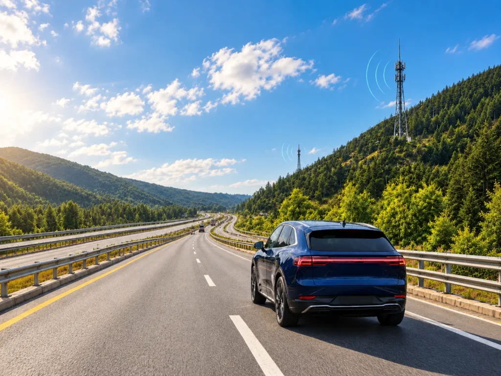 Modern vehicle driving on a highway through mountains with cellular towers transmitting wireless connectivity signals.