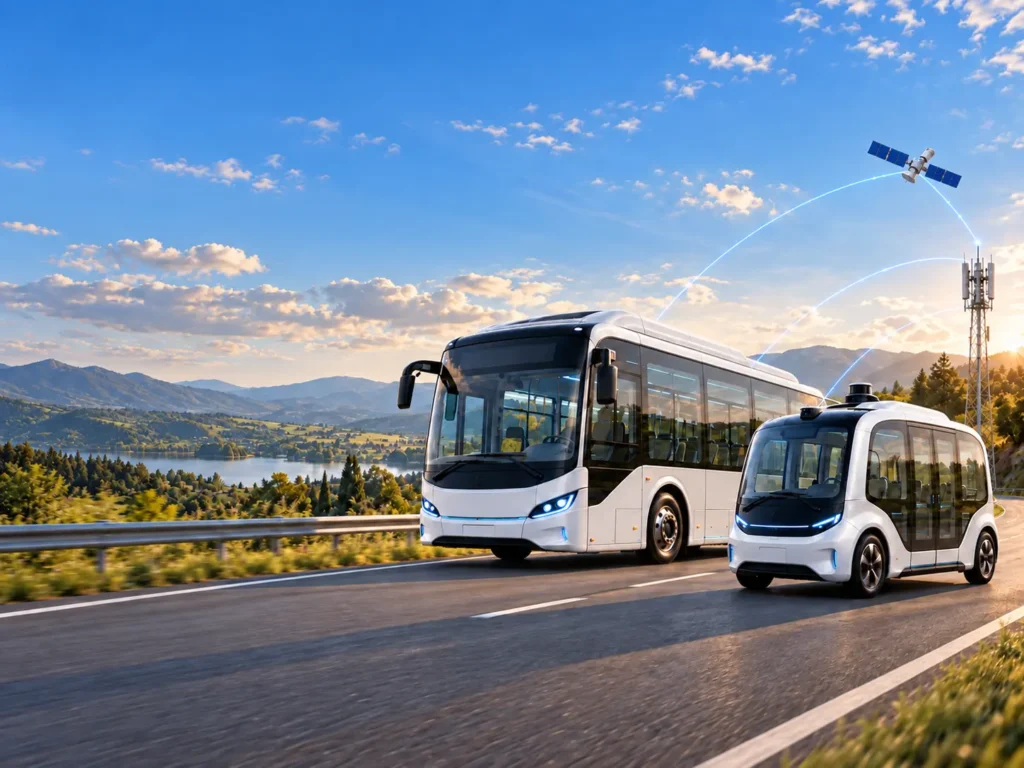 Commercial and autonomous vehicle connectivity with a connected bus and autonomous shuttle using cellular and satellite networks.